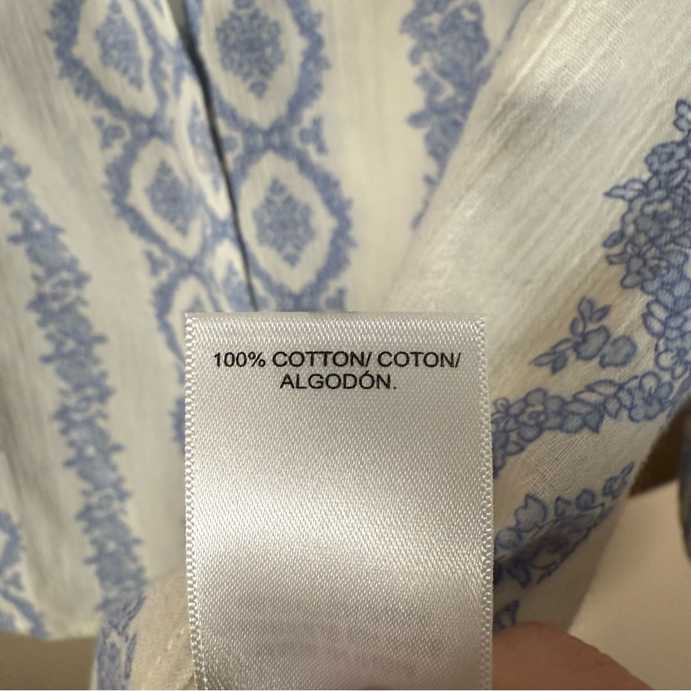 NWT Lucky Brand Boho Blue and White Floral Cotton Button Down Peasant Top Large - Picture 7 of 8